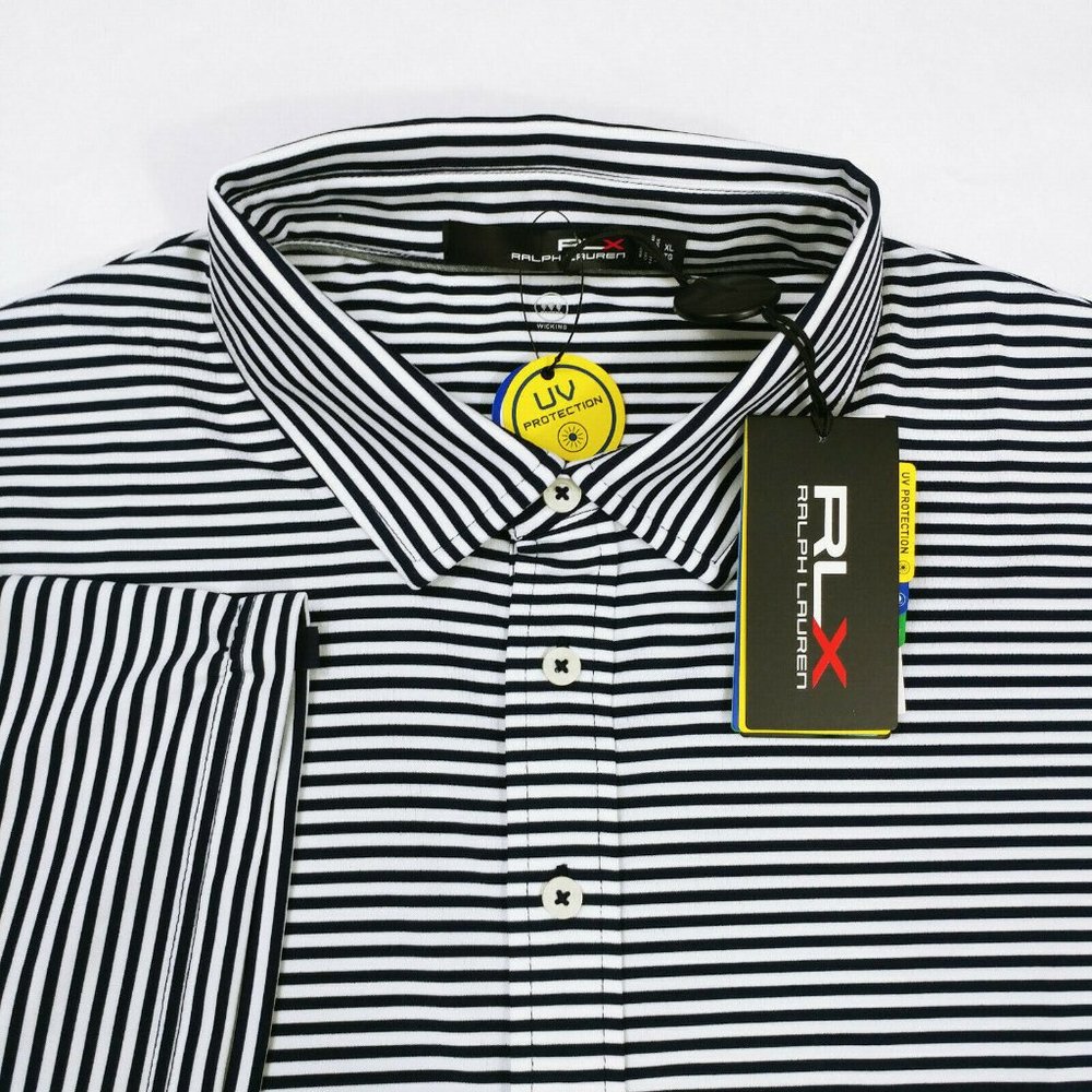 RLX Ralph Lauren Performance Stretch UV Striped Polo Shirt M XL White Dark Blue